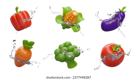 Collection of 3D vegetables with splashes of transparent liquid. Isolated image on white background. Paprika, corn, eggplant, carrot, broccoli, tomato. Vegetarian concept