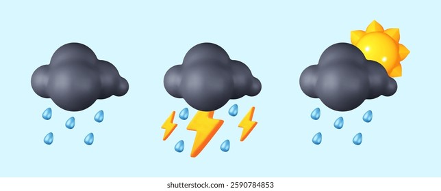 Collection of 3D Weather Icons. Realistic Black Clouds with Lightning, Rain, and Sun. Versatile Vector Set for Banners, Web Design, Postcards, and Digital Art.