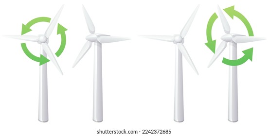 Sammlung von 3D-weißer Windturbine mit ihren Blades, die von vorne oder im Profil mit oder ohne kreisförmigen Pfeil (ausgeschnitten) gesehen werden