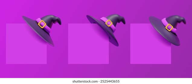 Coleção de bruxas 3D e chapéus de assistente em um canto roxo vibrante. Modelo de banner com tema de Halloween com espaço de cópia.