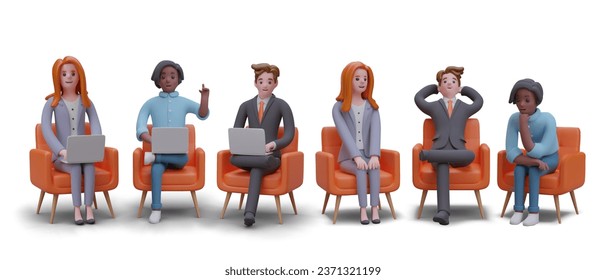 Colección de trabajadores 3d sentados en sillón y trabajando en laptop. Hombre americano trabajando desde la oficina. Empresario en el trabajo. Ilustración vectorial colorida