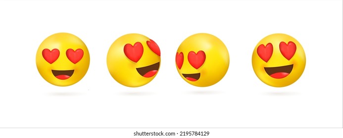 Collection of 3d yellow emoji with smile and hearts in eyes vector illustration