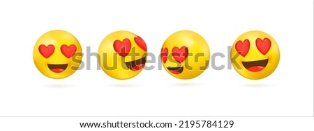 Collection of 3d yellow emoji with smile and hearts in eyes vector illustration