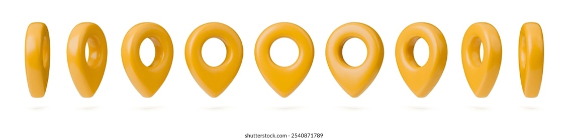 Collection of 3d yellow geotags. Set of navigation sign. Vector illustration of position element, place map, locator pin. Set of yellow geotags isolated on a white background