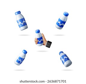 Coleção de ícones de garrafa de iogurte 3d com a mão do homem segurando um. Renderização minimalista com conceito de embalagem de produtos láteos para alimentos láteos.