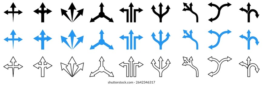 Collection of 3-way directional arrow icons in various styles including solid, outline, and color-filled vector designs representing navigation, pathfinding, and multiple direction choices