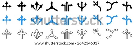 Collection of 3-way directional arrow icons in various styles including solid, outline, and color-filled vector designs representing navigation, pathfinding, and multiple direction choices