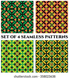 Collection of 4 abstract fashionable decorative seamless patterns with geometric ornament of green, coral, yellow and black shades