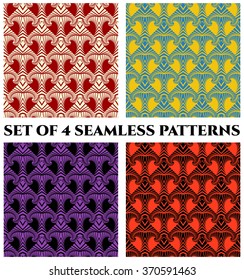 Collection of 4 abstract fashionable geometric seamless patterns with unusual ornament of red, blue, yellow, violet, white and black shades