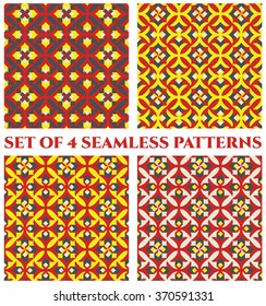 Collection of 4 abstract glorious decorative seamless patterns with colorful geometric ornament