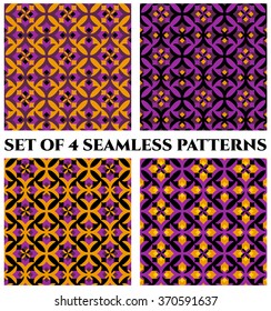 Collection of 4 abstract luxury decorative seamless patterns with geometric ornament of violet, yellow and black shades