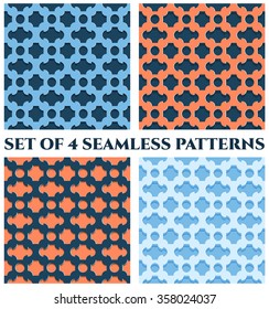 Collection of 4 abstract modern 3d seamless patterns with geometric ornament of blue and orange shades