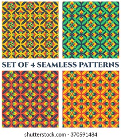 Collection of 4 abstract nice damask decorative seamless patterns with geometric ornament of red, green, yellow and black shades