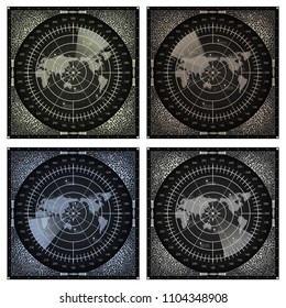 Collection of 4 abstract radar screens with world map, aims and circuit board elements of gray shades. Military search system