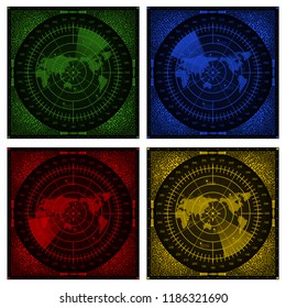 Collection of 4 abstract radar screens with world map, aims and circuit board elements of red, blue, green, and yellow shades. Military search system