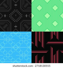 Collection of 4 abstract seamless patterns with colorful geometric lines on various backgrounds.