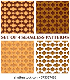 Collection of 4 abstract stylish 3d seamless patterns with geometric ornament of golden, brown, orange and white shades