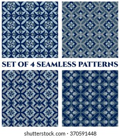 Collection of 4 abstract stylish decorative seamless patterns with geometric ornament of blue, teal and grey shades