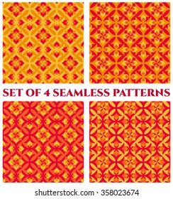 Collection of 4 abstract summer decorative seamless patterns with geometric ornament of yellow, red and orange shades