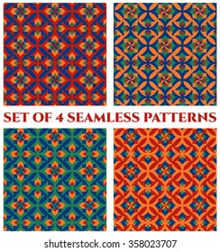 Collection of 4 abstract trendy decorative seamless patterns with geometric ornament of orange, blue, red and green shades