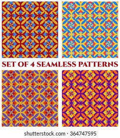 Collection of 4 abstract trendy decorative seamless patterns with colorful geometric ornament