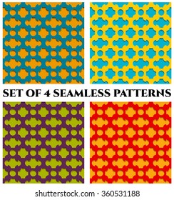 Collection of 4 abstract varicolored 3d seamless patterns with geometric ornament of green, blue, red, yellow, orange and violet shades