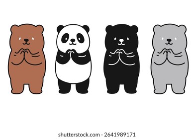A collection of 4 adorable bear illustrations including panda and grizzly. Kawaii hand gesture poses, perfect for nursery art, stickers, kids products, and animal-themed decorations.

