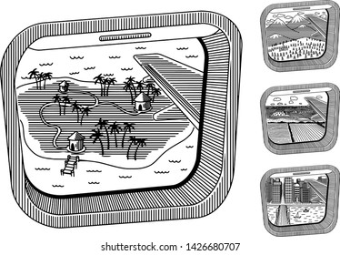 Collection of 4 airplane windows with different destinations.