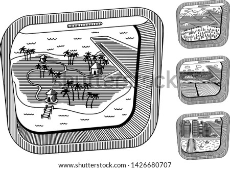 Collection of 4 airplane windows with different destinations.