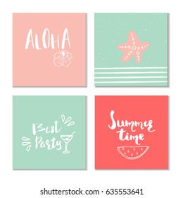 Collection of 4 beautiful summer poster with hand drawn lettering.  Template for sail, tropical vacation, banner, invitation, envelope, background, journal cards. 