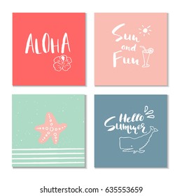 Collection of 4 beautiful summer poster with hand drawn lettering.  Template for sail, tropical vacation, banner, invitation, envelope, background, journal cards. 