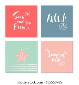 Collection of 4 beautiful summer poster with hand drawn lettering.  Template for sail, tropical vacation, banner, invitation, envelope, background, journal cards. 