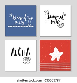 Collection of 4 beautiful summer poster with hand drawn lettering.  Template for sail, tropical vacation, banner, invitation, envelope, background, journal cards. 