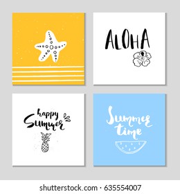 Collection of 4 beautiful summer poster with hand drawn lettering.  Template for sail, tropical vacation, banner, invitation, envelope, background, journal cards. 