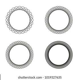 Collection Of 4 Black Line Spirograph Abstract Elements - 4 Different Geometric Ornaments Flower Like, Symmetry, Isolated On White
