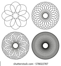 Collection Of 4 Black Line Spirograph Abstract Elements - 4 Different Geometric Ornaments Flower Like, Symmetry, Isolated On White