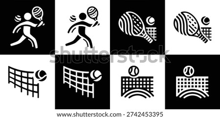 Collection of 4 black and white Padel sport icon concepts: player in action, racket and ball, and various net elements. Glyphs representing modern racquet sports for web, print, and app design.