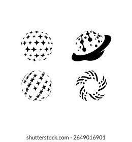 A collection of 4 black-and-white abstract icons resembling futuristic planets, galaxies, and spherical tech forms. These unique space-themed designs feature elements like stars, rings, circuits, and 