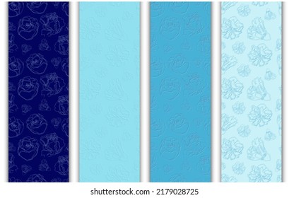 Collection of 4 blue endless patterns. Floral seamless wallpaper, texture, wrapping pattern, textile, fabric. Background with hand drawn blooming flowers.