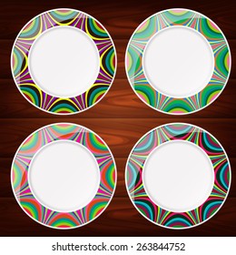 Collection of 4 bright multicolored plates. Vector image can be used for food menu or posters design, web or other crafts.