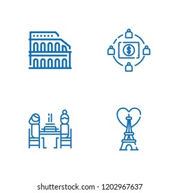 Collection of 4 capital outline icons include icons such as colosseum, pierrade, eiffel tower