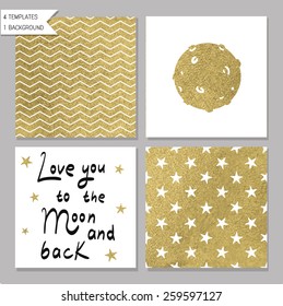 Collection of 4 card templates. Could use as seamless tile pattern. Trendy gold style  Perfect for valentines day, birthday, save the date invitation