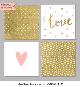 Collection of 4 card templates. Could use as seamless tile pattern. Trendy gold style  Perfect for valentines day, birthday, save the date invitation