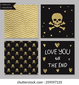Collection of 4 card templates. Could use as seamless tile pattern. Trendy gold style  Perfect for valentines day, birthday, save the date invitation. Love you till the end