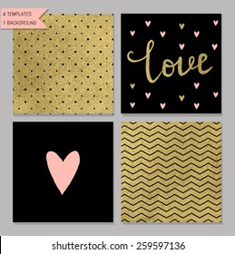 Collection of 4 card templates. Could use as seamless tile pattern. Trendy gold style  Perfect for valentines day, birthday, save the date invitation