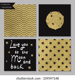 Collection of 4 card templates. Could use as seamless tile pattern. Trendy gold style  Perfect for valentines day, birthday, save the date invitation