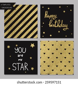 Collection of 4 card templates. Could use as seamless tile pattern. Trendy gold style  Perfect for valentines day, birthday, save the date invitation. You are my star