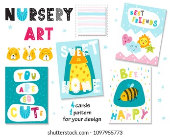 Collection of 4 cards and 1 cute seamless pattern for kids in the scandinavian style. Can be used print for t-shirts, home decor, cards, posters for baby room or bedroom.