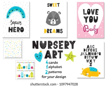 Collection of 4 cards, alphabet and 2 cute seamless patterns for kids in the scandinavian style. Can be used print for t-shirts, home decor, cards, posters for baby room or bedroom.