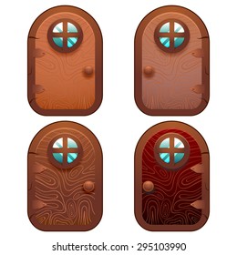 Collection of 4 cartoon wooden fairy door for Ui Game and app
Vector illustration of a cartoon comic little wood door with rounded window for fantasy Ui game